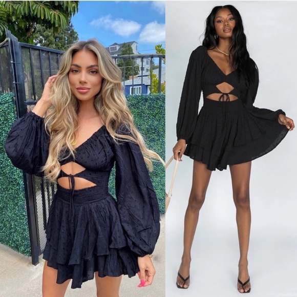 Princess Polly Needed Me Black Swiss Dot Cut Out Waist Balloon Sleeve Romper - Picture 12 of 12